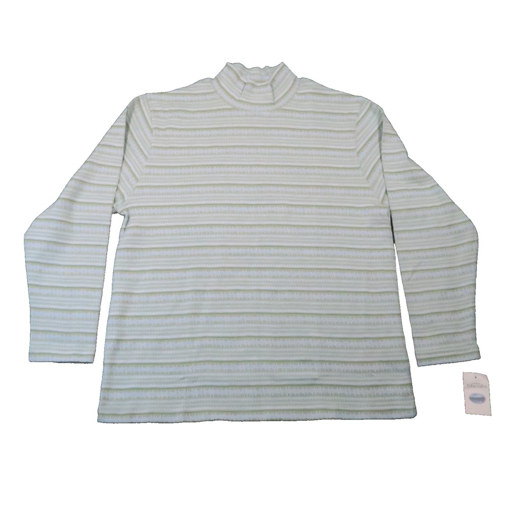 St Johns Bay Mock Sweater L Blue Green Snowflake Stripe Nordic Cabin Vtg 90s NEW